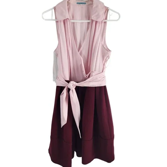Leifnotes Pink & Burgundy Sleeveless Wrap Dress With Tie Waist - Size 10P - Picture 2 of 15